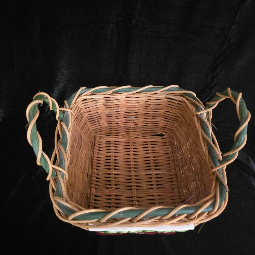 Woven Wicker Basket with Apple Ceramic Tile Green Trim Farmhouse Cottagecore